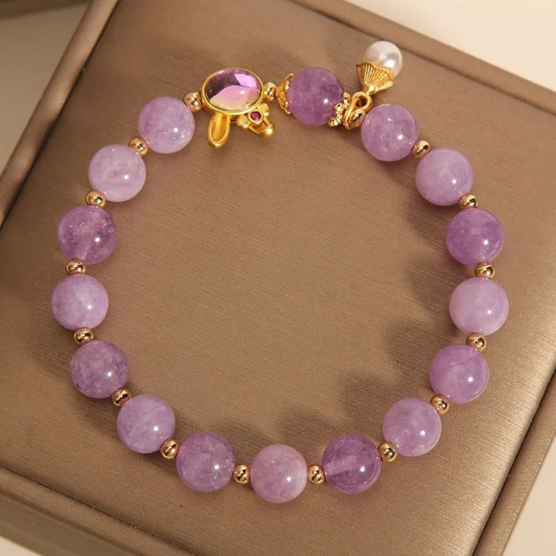 Mori style mauve jade rabbit bracelet with hare head crystal charm on adjustable band