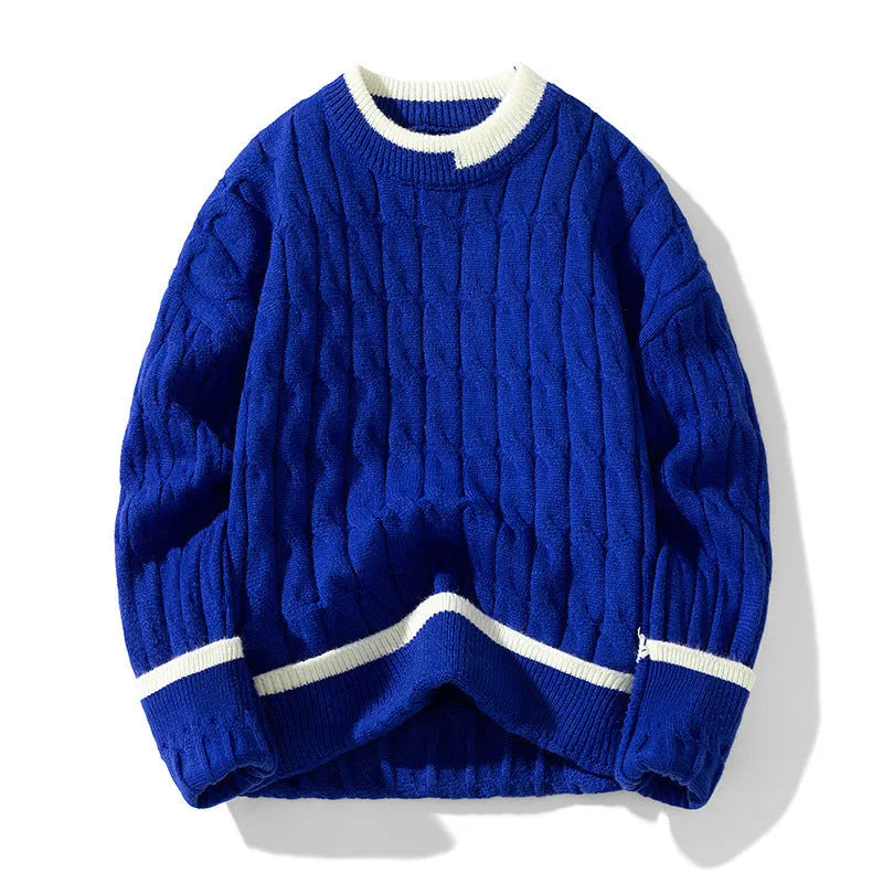 Men's loose fit modal acrylic two-piece sweater set in beige, a long sleeve pullover for autumn.