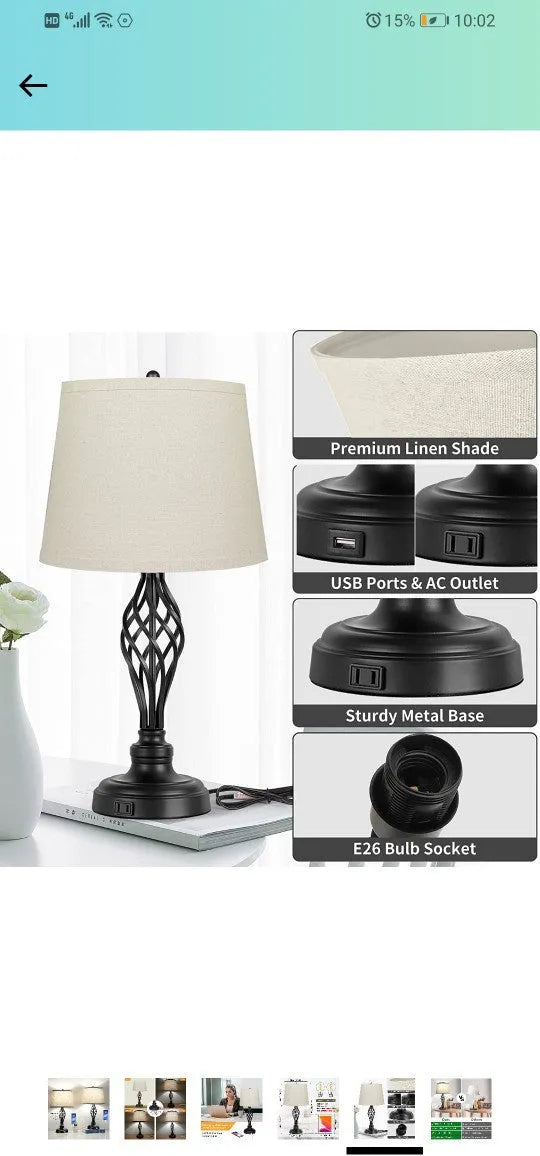 European style alloy table lamp with touch controls for dimmable cold and warm light and a USB charging socket.