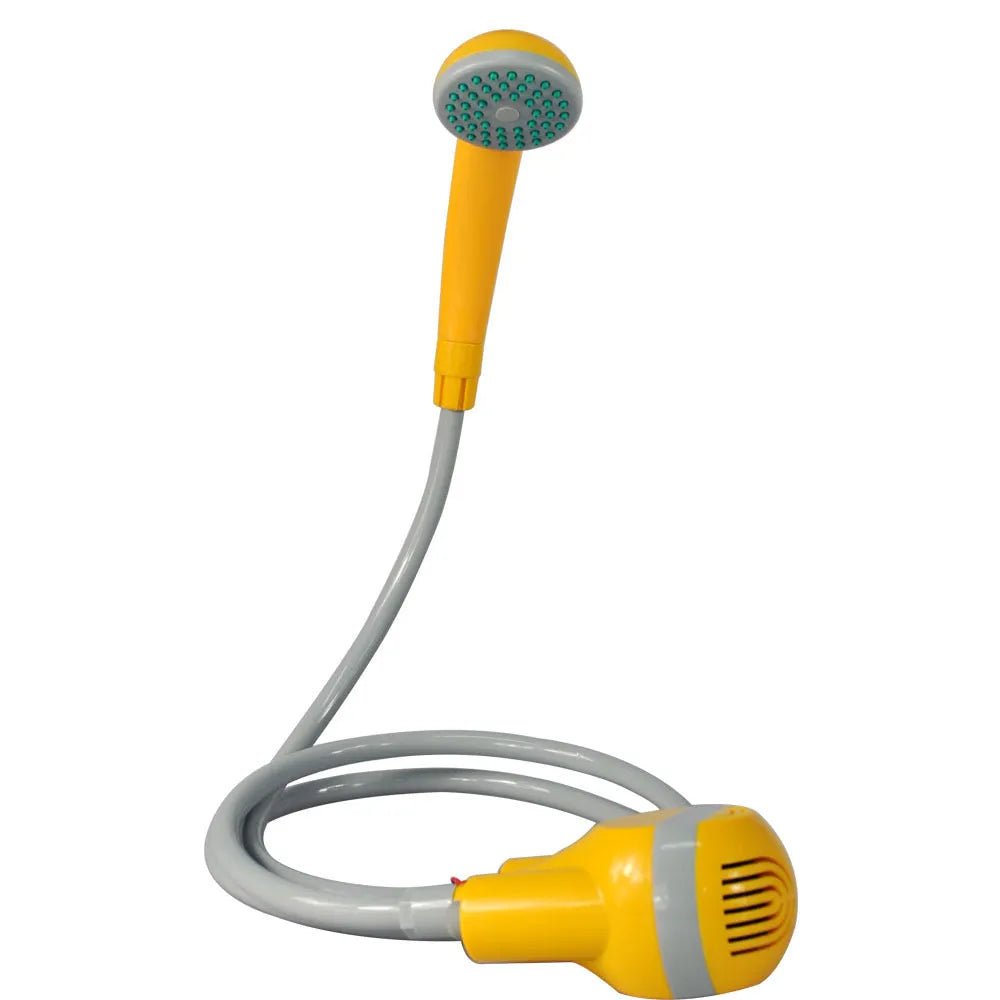 Outdoor electric portable shower in bright orange and yellow with ABS body and 1.8m PVC hose