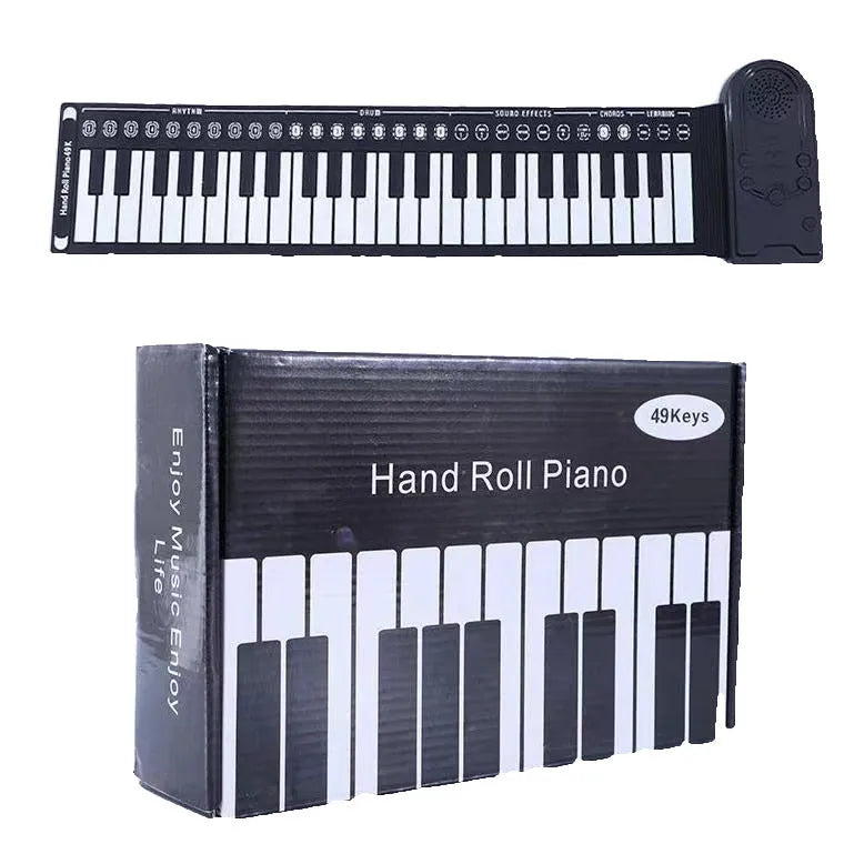 Pearlescent white portable electronic keyboard with 49 silicone keys, rolled up next to its compact ABS plastic control unit.