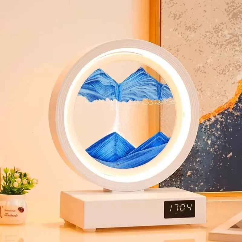 Quicksand painting clock night lamp with wireless charger and three-colour LED, available in multiple sand and frame colours