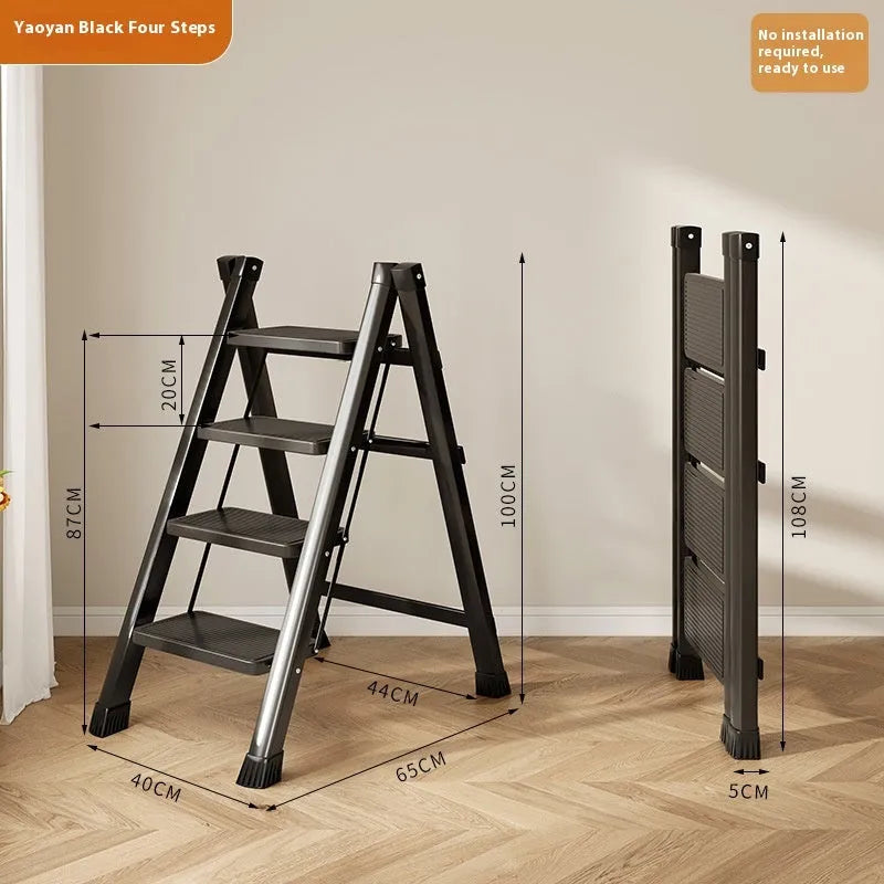 Household folding telescopic ladder four-step alloy black 150kg capacity