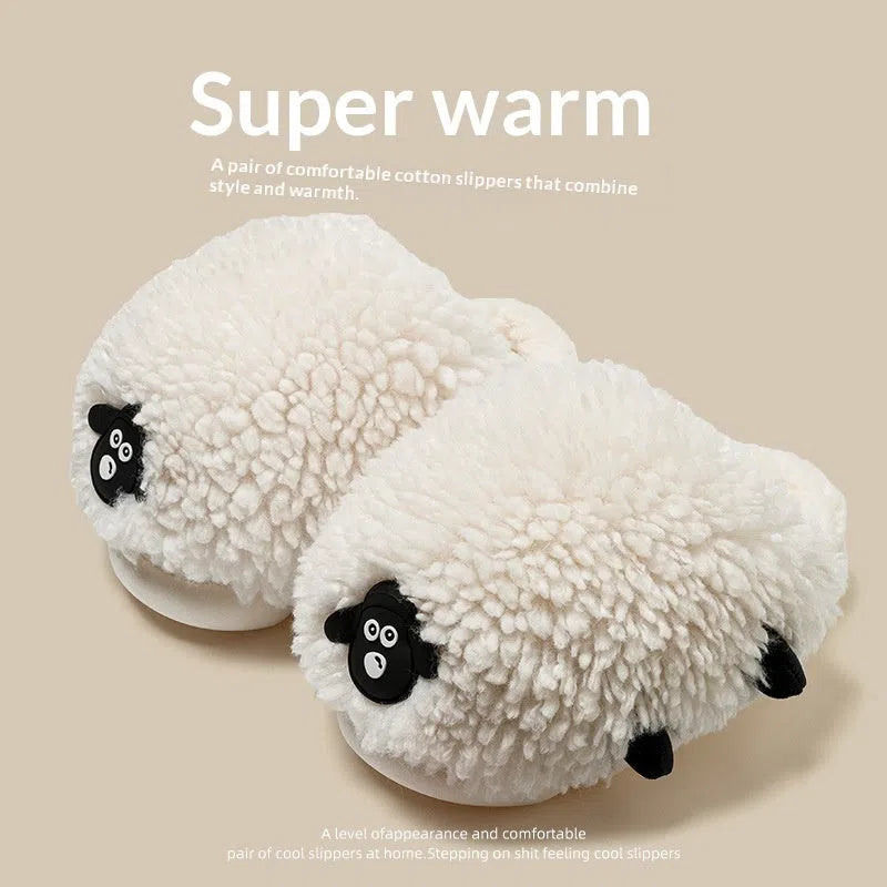 Women's winter cartoon sheepskin cotton slippers with wool lining and PVC non-slip outsole, black and white sheep design
