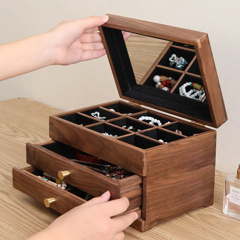 Black walnut cosmetic storage cabinet with pull-out double-layer, paulownia wood, brass, and tempered glass, 24x17x17cm