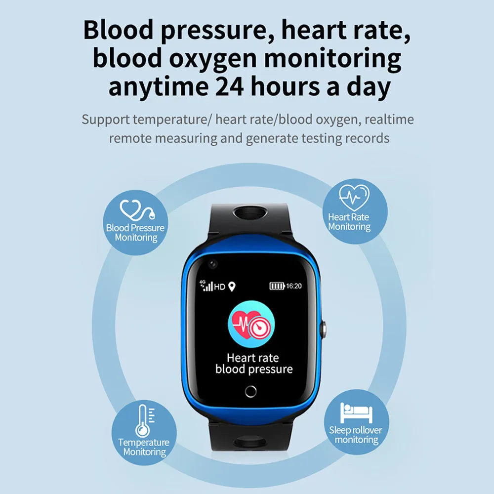 Square black elderly smartwatch with silicone strap showing time on its 1.3-inch screen.