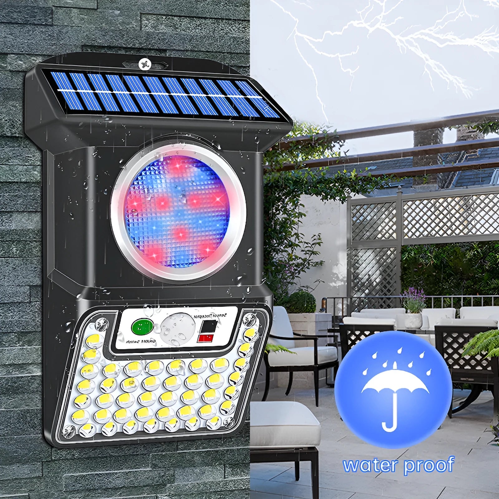 Outdoor solar wall light with 59 LEDs, black ABS+PC housing, IP65 waterproof, motion sensor with remote control