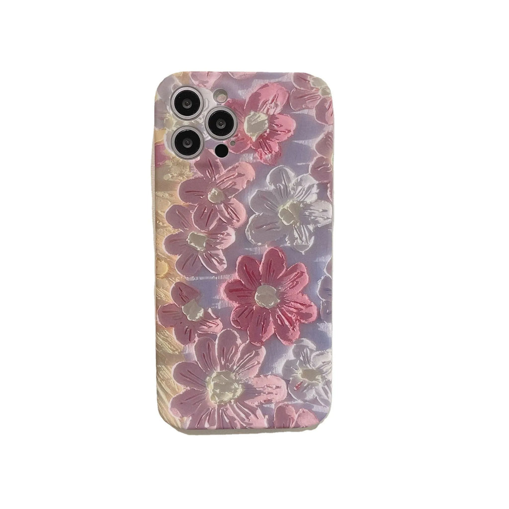 Pink silicone liquid oil painting flower phone case for iPhone rear cover protection
