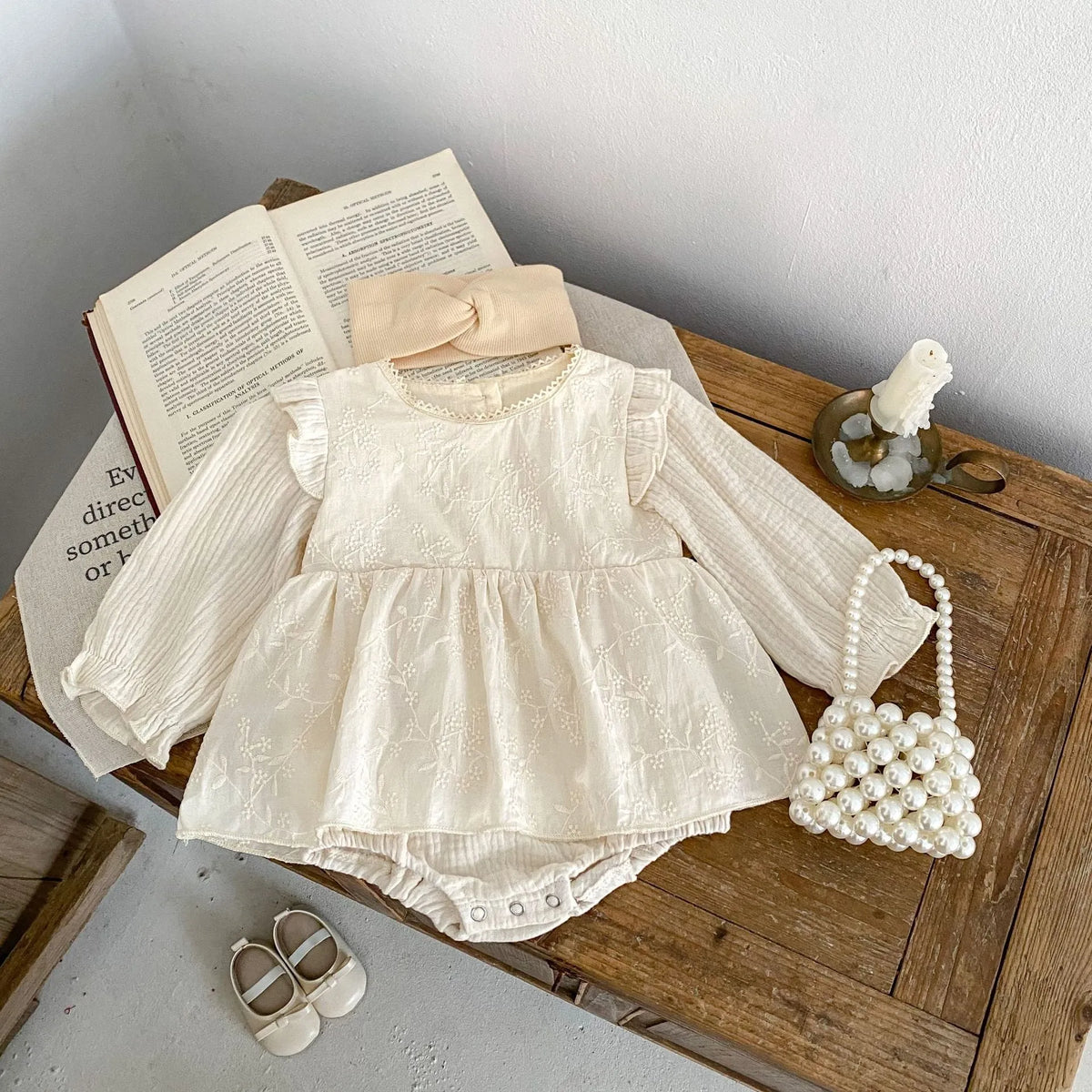 Apricot cotton baby jumpsuit with long sleeves, embroidery and lace, triangle style for spring autumn, sizes 66cm to 90cm