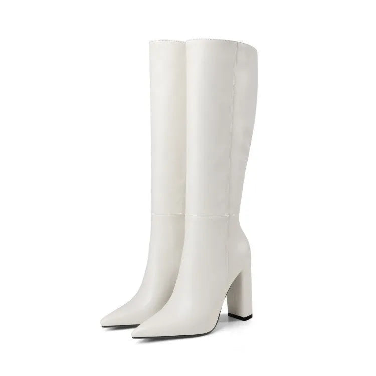 Women's pointed toe chunky heel high boots in solid colour microfiber upper side zipper