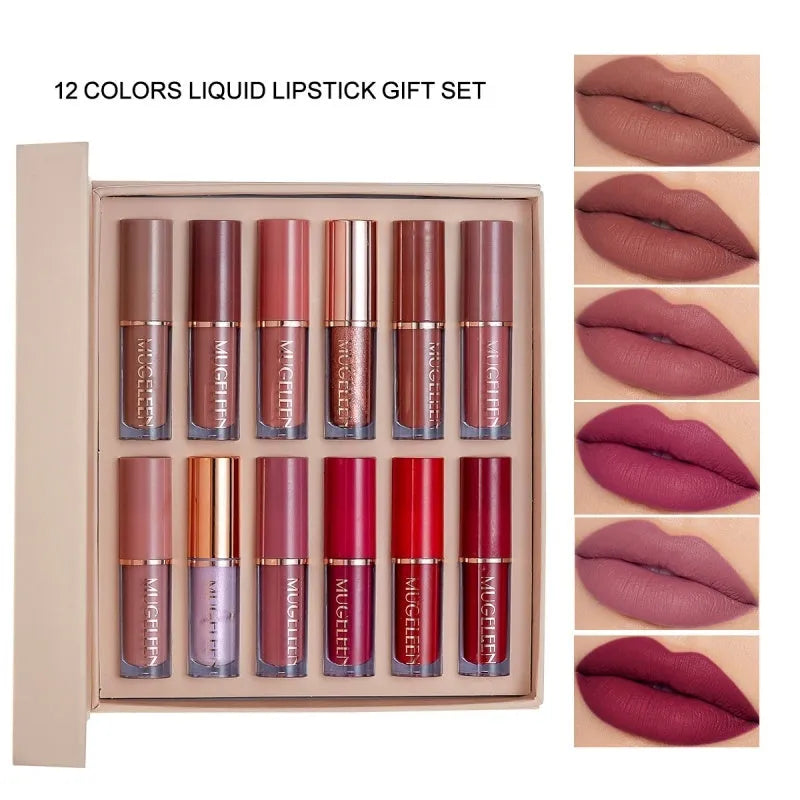 Matte shimmer lip glaze set with 12 non-stick cup colours for neutral skin tones