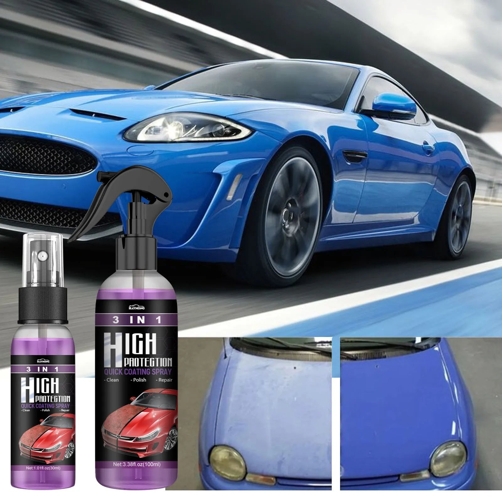 3 in 1 high protection fast car paint spray automatic coating agent in 30ml and 100ml PE bottles