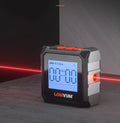 Longyun digital laser inclinometer with alloy casing and backlit display showing measurement.