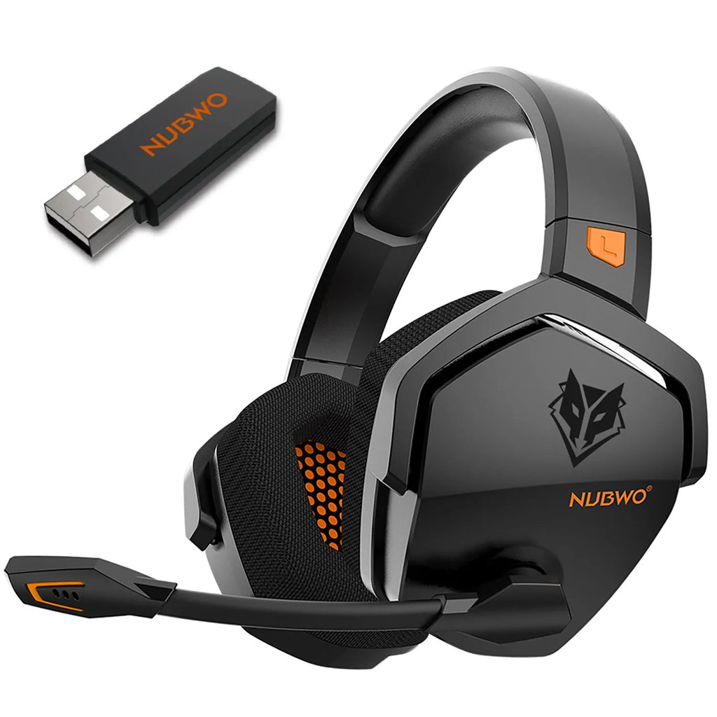 Black and orange wireless gaming headset with head-mounted design and simulated skin protein ear cushions