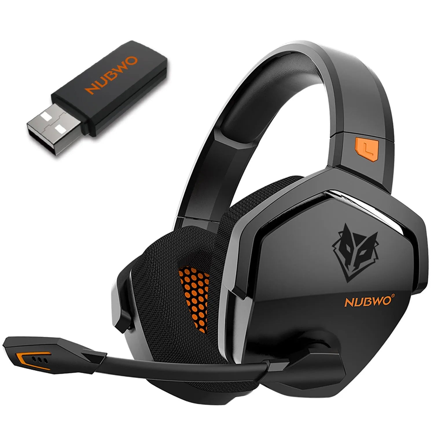 Black and orange wireless gaming headset with head-mounted design and simulated skin protein ear cushions