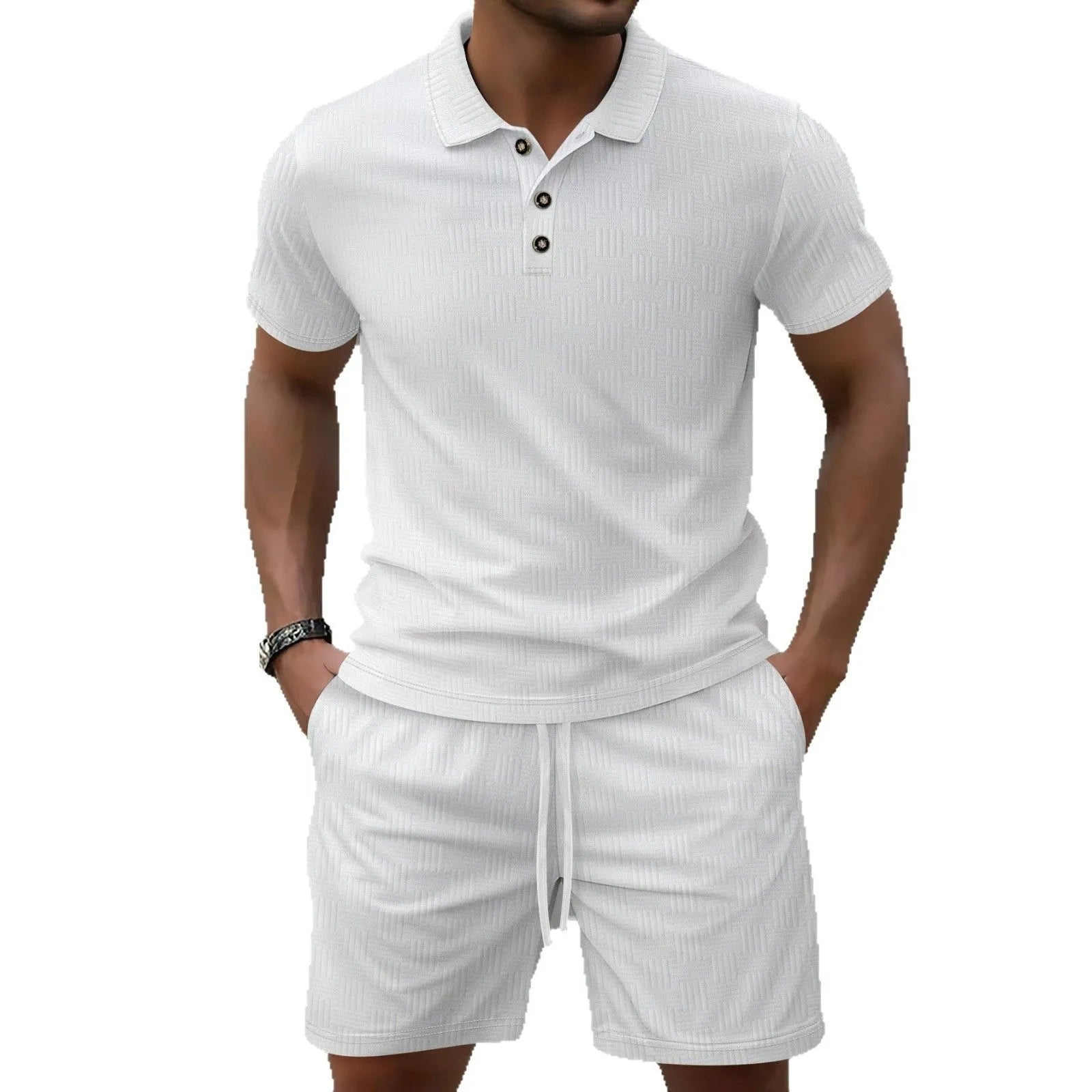 Men's Jacquard polyester short sleeve casual suit in solid colour with matching shorts
