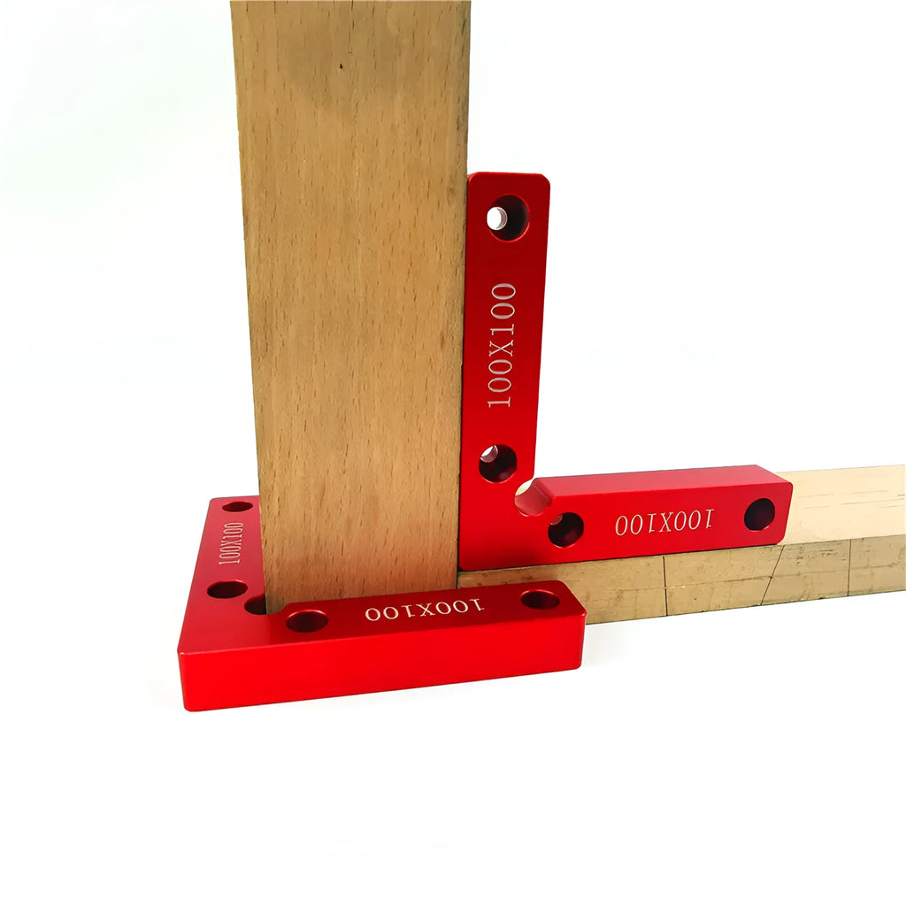 Solid aluminium right angle woodworking positioning block with measurement scale, shown with clamps and jigsaw.