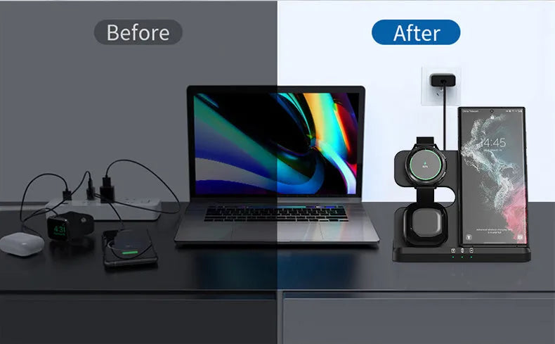 Vertical 3-in-1 wireless charging stand for mobile phone, smartwatch, and headphones.