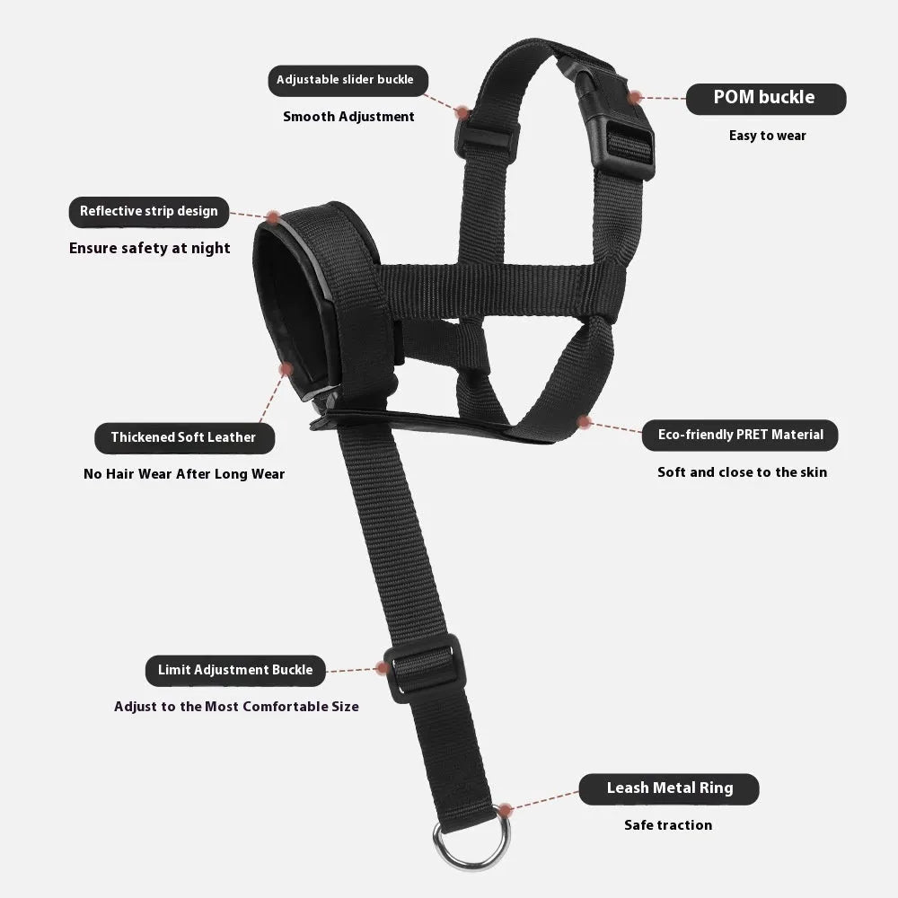 Leather anti-bite anti-bark dog mouth cover in black for medium to large dogs, adjustable with strap