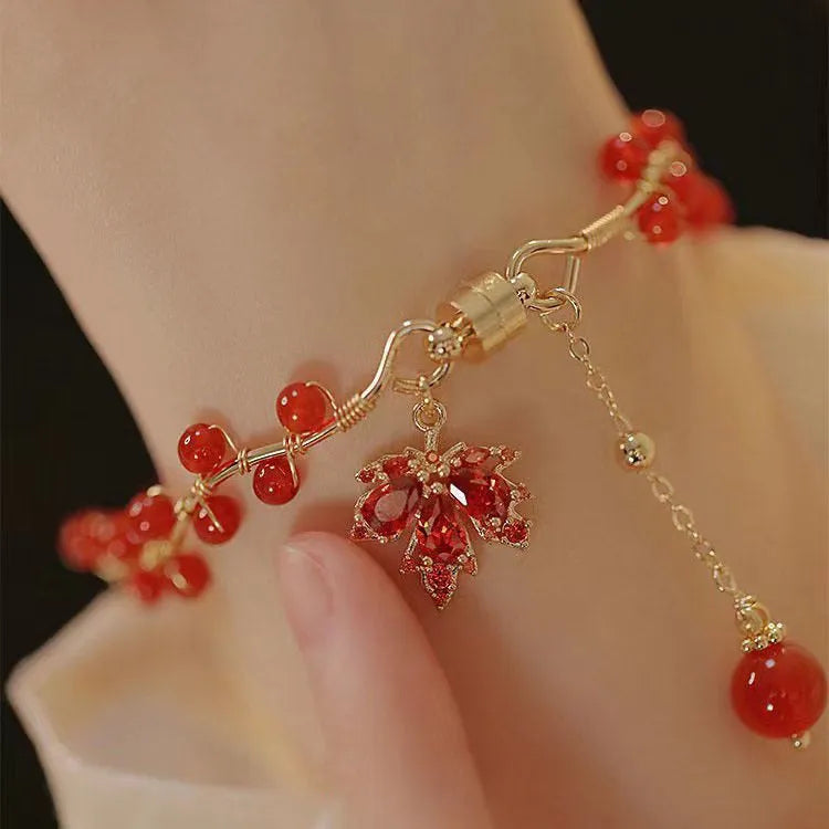 Red ginkgo leaf Chinese style magnetic bracelet with alloy construction