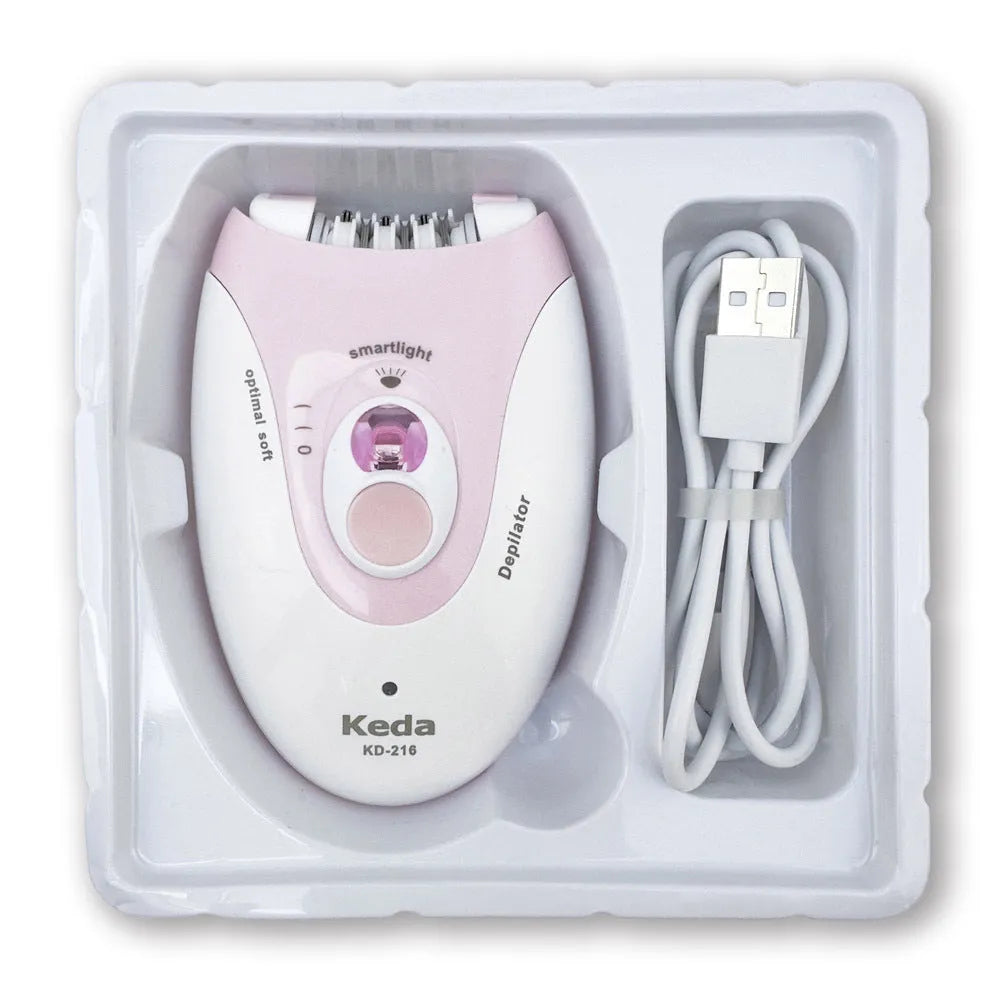 Portable USB-powered electric epilator in colour KEDA-216 with cleaning brush.