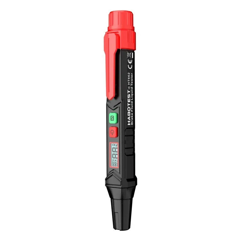 Digital brake fluid tester with display screen, batteries, and colour box packaging
