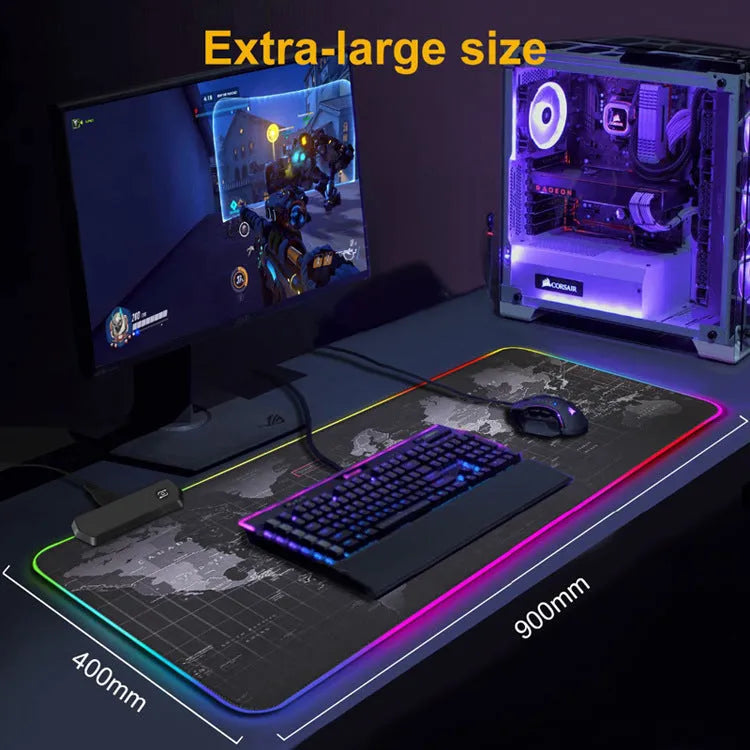 RGB gaming mouse pad in solid colour with non-slip rubber fabric base, sizes 250x300mm to 400x900mm, 3mm or 4mm thick