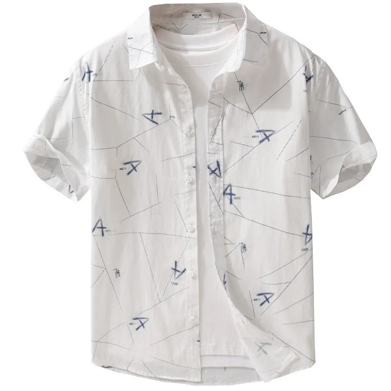 Men's light green pure cotton loose short sleeve shirt with a printed letter design on the chest.