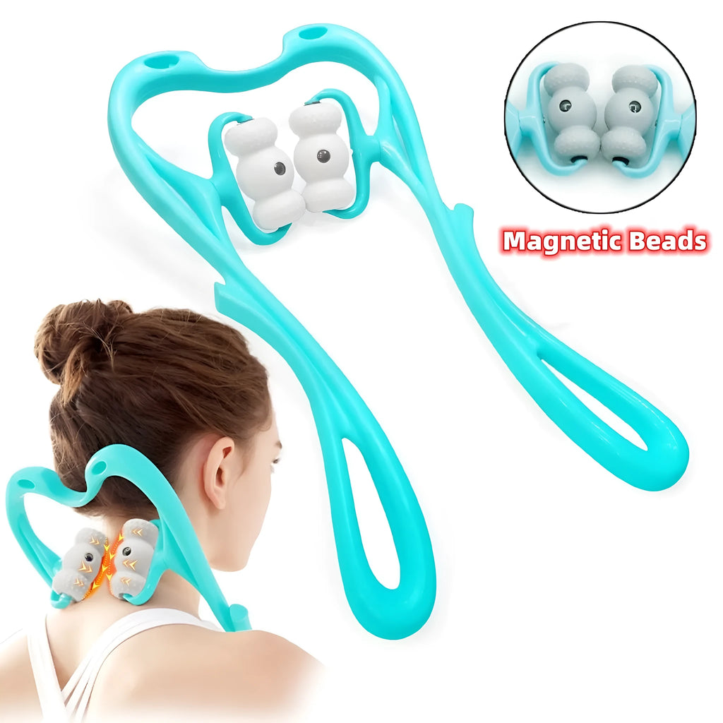 Blue handheld neck massager roller with 96 pressure nodes on a rotating head.