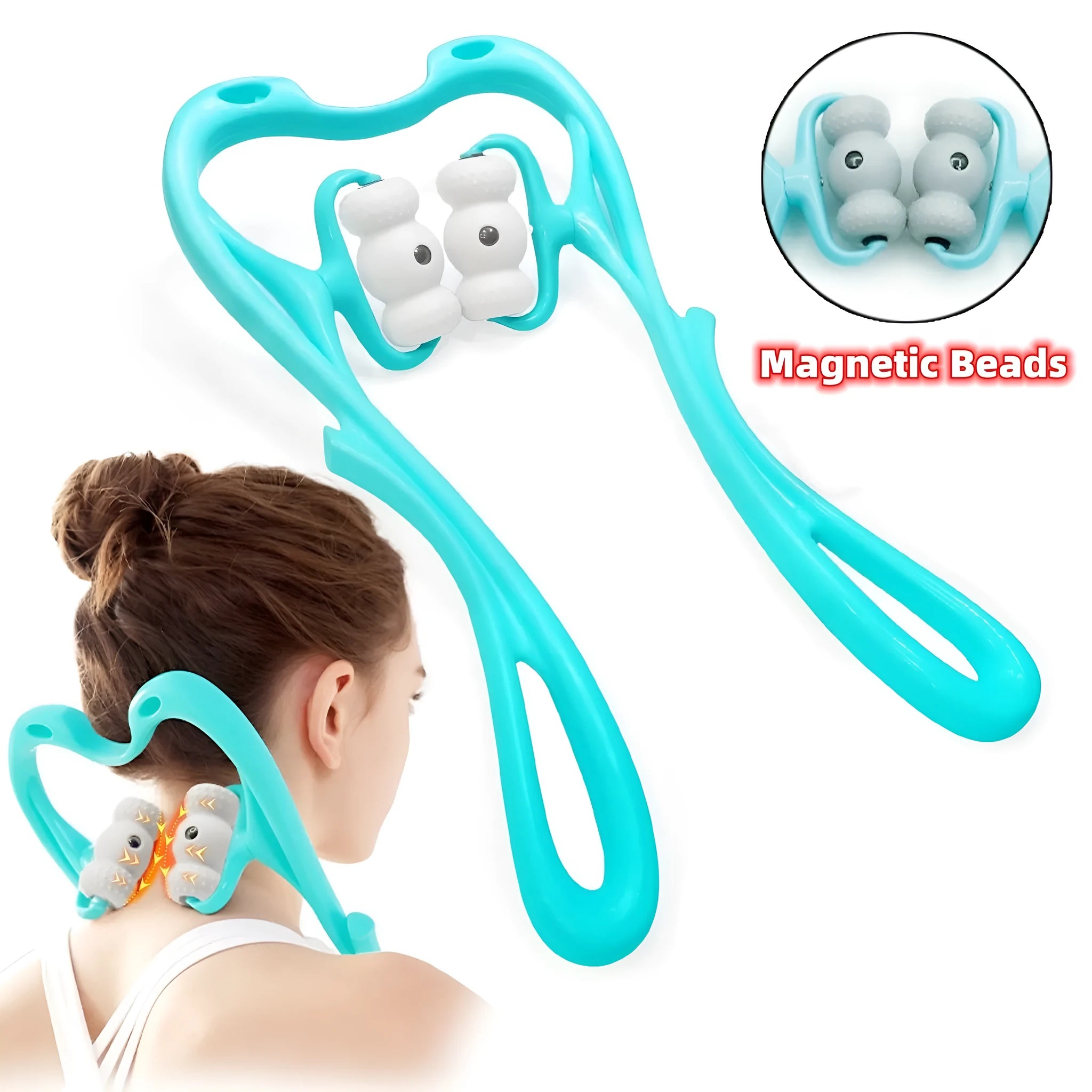 Blue handheld neck massager roller with 96 pressure nodes on a rotating head.