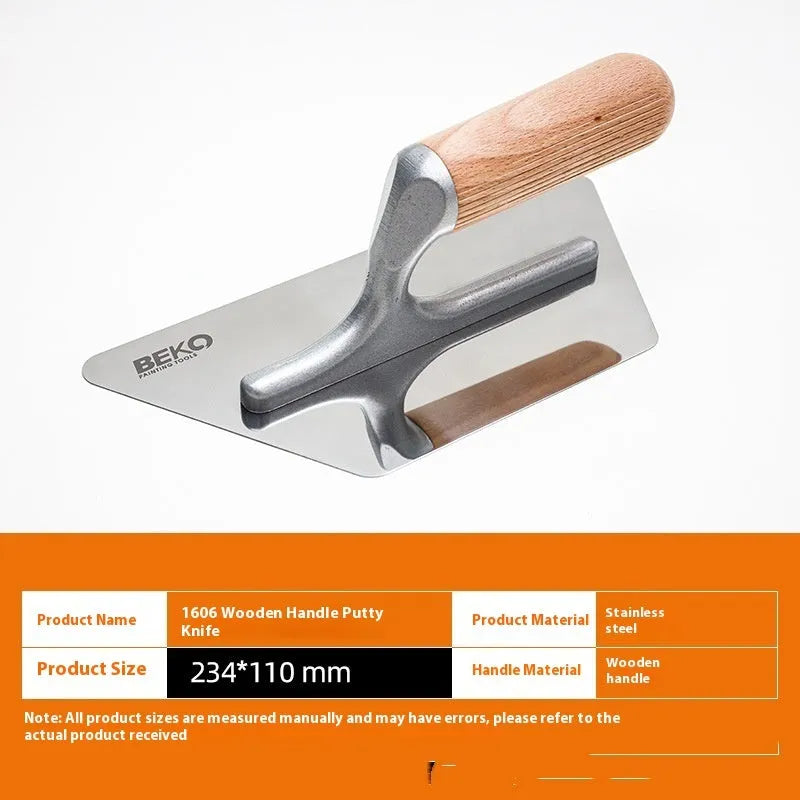 Stainless steel wall putty scraper with a wooden handle shown in three different blade sizes.