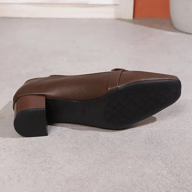 Plus size brown square head bow pumps with low top height increasing rubber sole on foot model
