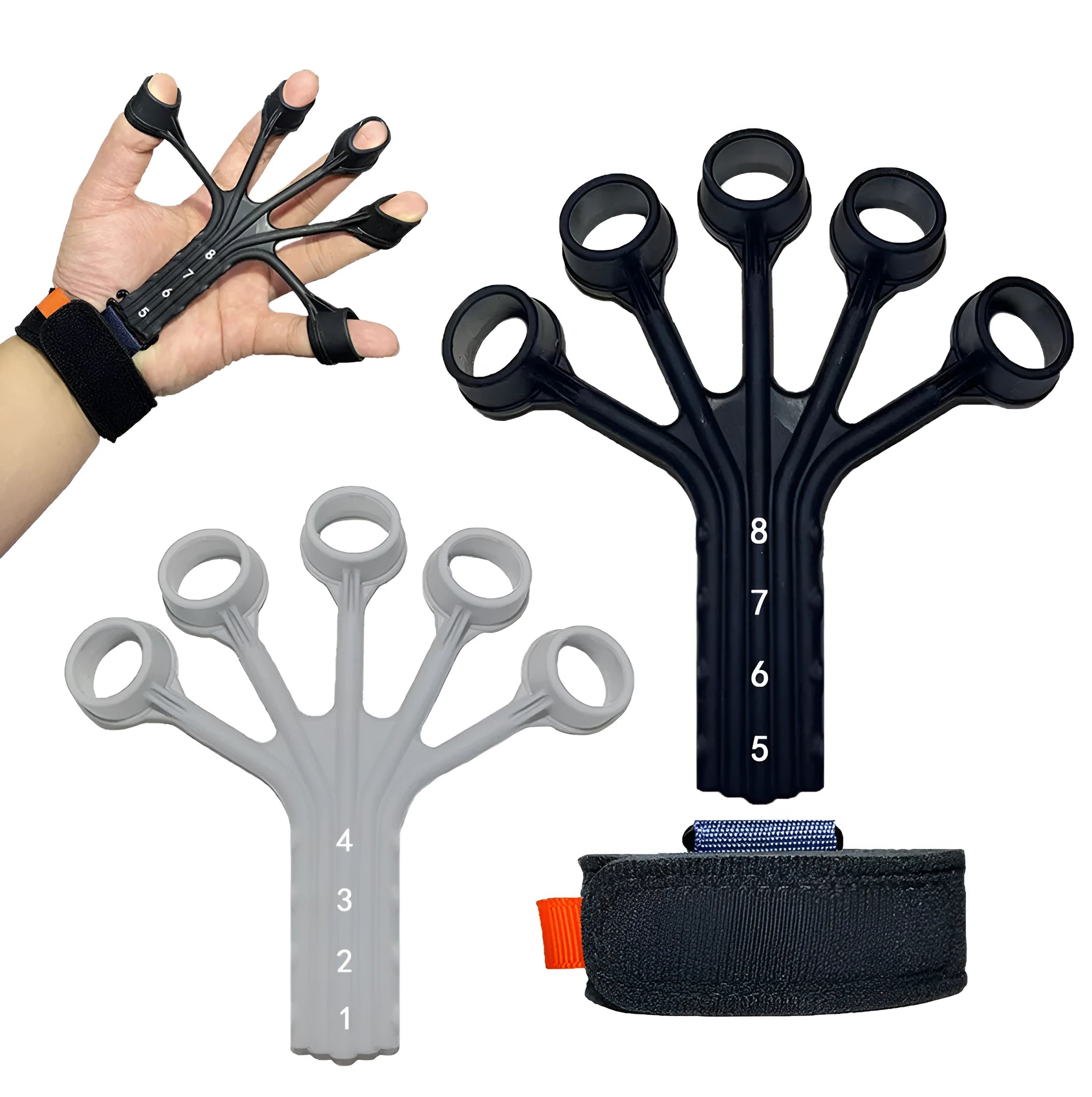 HLX silicone finger flexion and extension trainer with adjustable belt in black colour