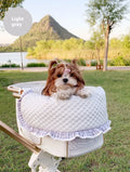 Pure cotton pet stroller pad set showing anti-dirty towel, cushion, and pillow in a blue green apple pattern.