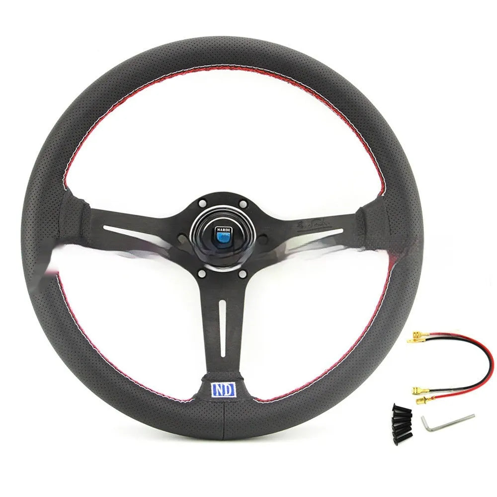 14-inch leather-wrapped steering wheel with a middle concave design, showing black and silver skeleton frame options.