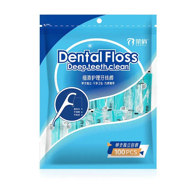 High tensile plastic bag containing disposable floss picks, showing 100 single packs limited offer.
