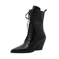 Retro pointed toe women's boots with chunky heel and side zip fastening in dark brown colour