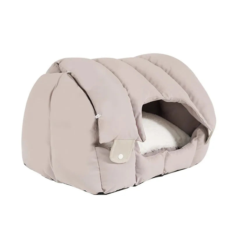 Grey arched cat bed transformed from enclosed nest to open sofa configuration for cats and small dogs