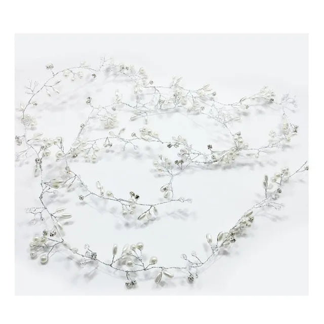 Gold bridal hair band with crystals and pearls on a wire, shown at 50cm length.