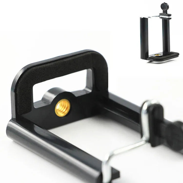 Black universal mobile phone clip holder with adjustable hose bracket on a white background.