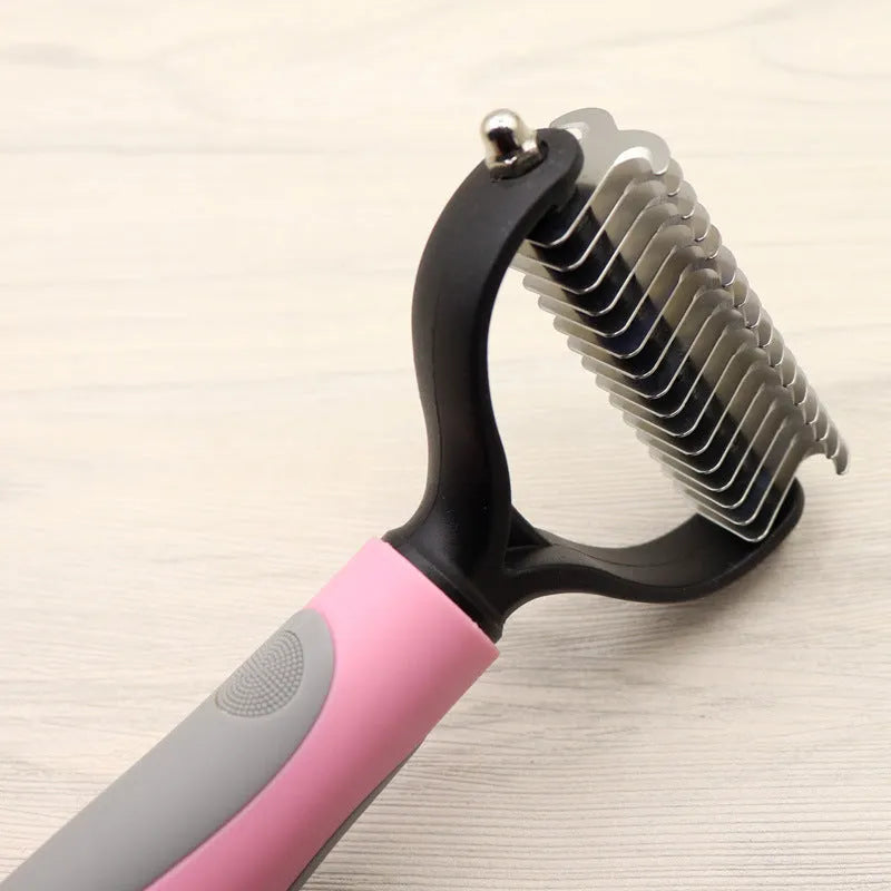 Pet long-haired dog knot comb double-sided blade dematting tool with stainless steel needles ABS TPR handle blue and pink colour options