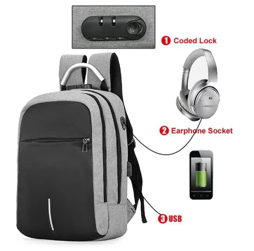 USB charge anti theft backpack in black polyester with zipper closure, 43x26x13cm, fits MacBook Air and iPad