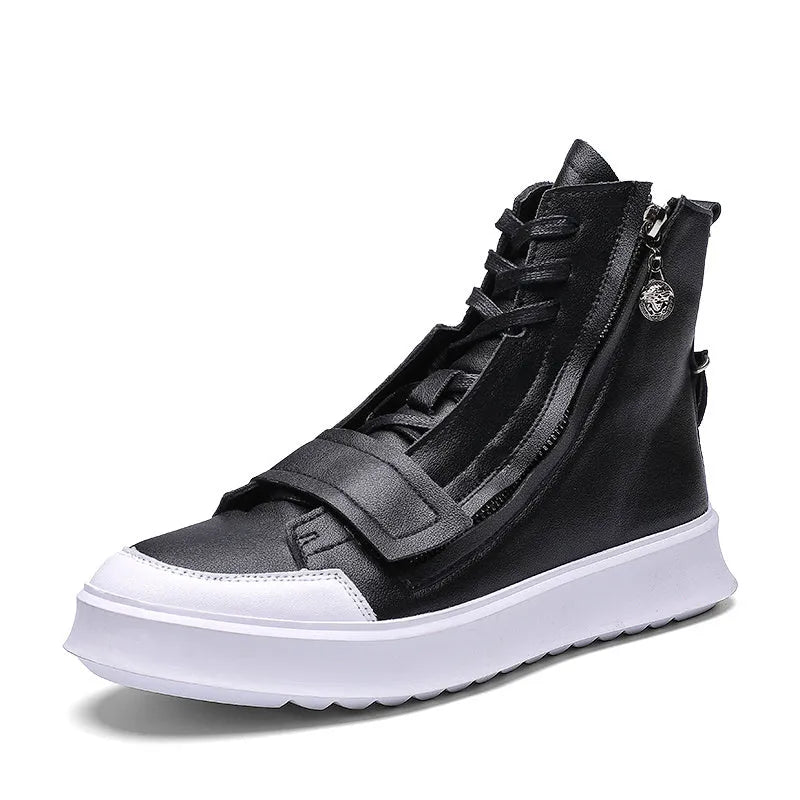 Men's black and white PU leather high-top ankle boots for winter, shown with size chart.