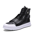 Men's black and white PU leather high-top ankle boots for winter, shown with size chart.