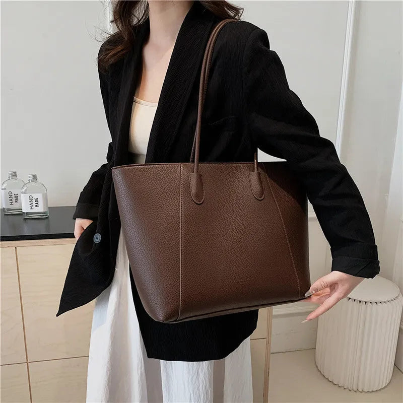 Soft PU leather bucket tote bag in black brown coffee or khaki with sandwich pocket and zipper change bag