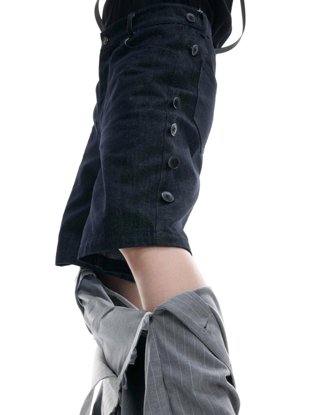 Double waist striped suit pants with raw denim stitching in grey, composite fabric, sizes S to XL