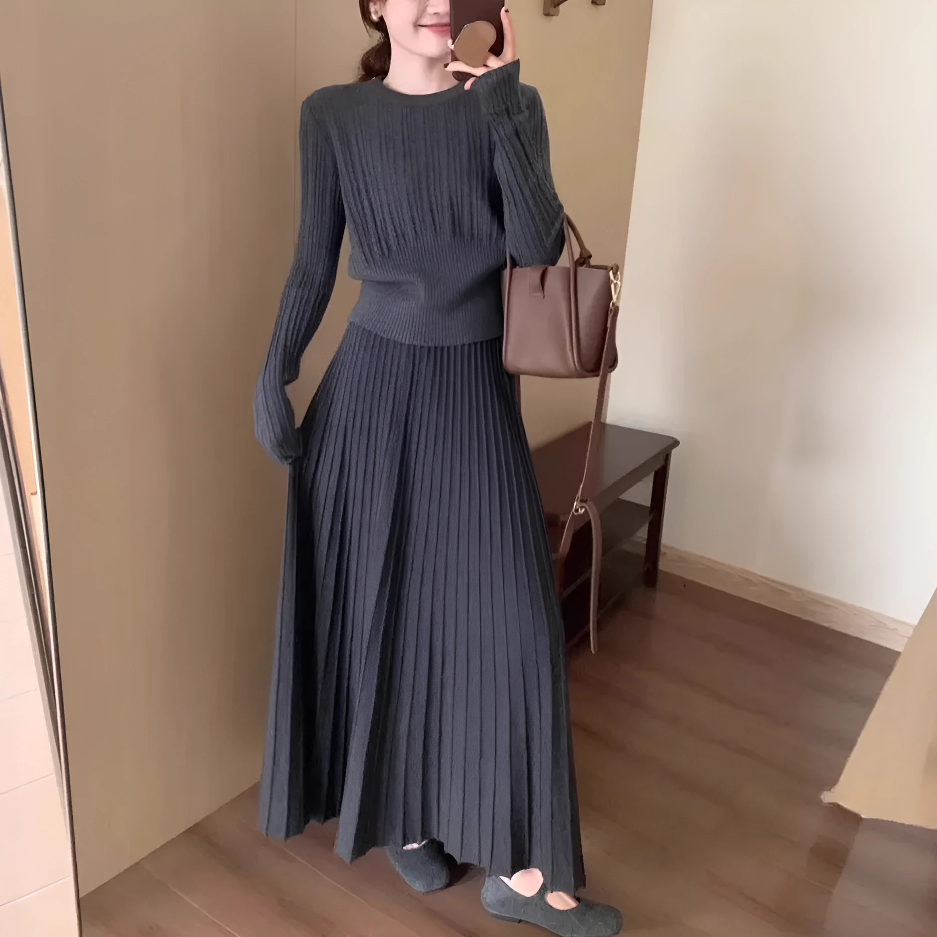 Dark grey artistic retro long knitted dress suit with 3D pattern and ethnic collage stitching, shown as a two-piece set.