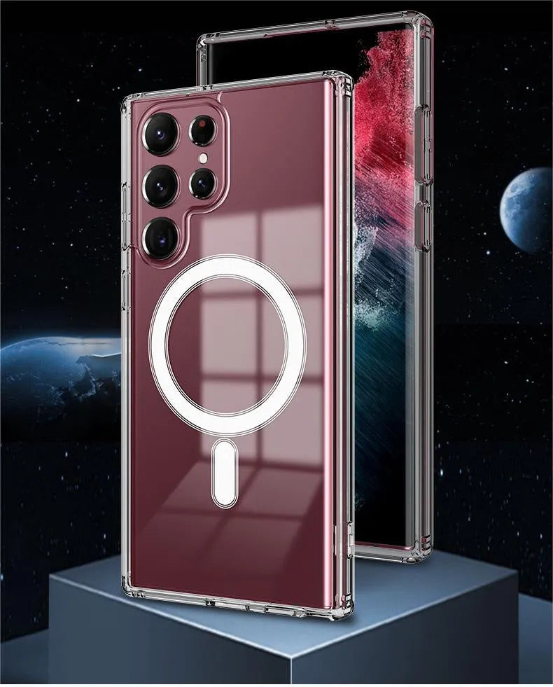 Transparent MagSafe magnetic phone case for Samsung Galaxy S21, S22, S23 models on a table