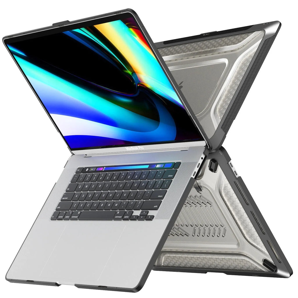 MacBook protective hard shell case in four colour options: black, grey, apricot, and blue.
