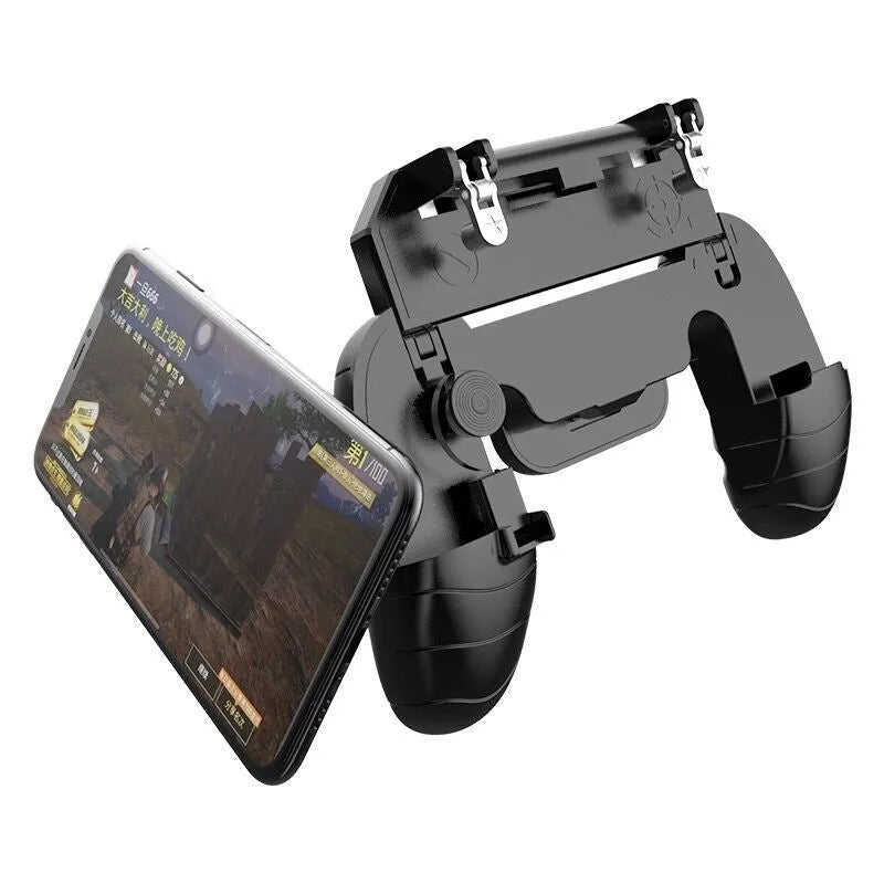 Telescopic mobile game controller clamped onto a smartphone, showing back buttons and audio port.